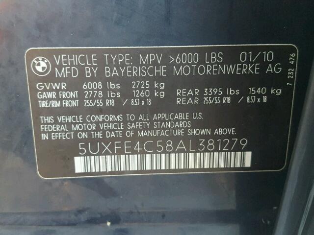 5UXFE4C58AL381279 - 2010 BMW X5 XDRIVE3 Կապույտ լուսանկար 10