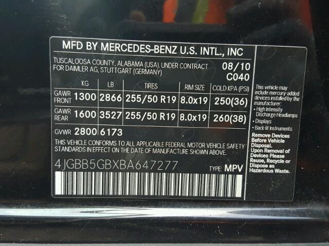 4JGBB5GBXBA647277 - 2011 MERCEDES-BENZ ML 350 BLACK photo 10