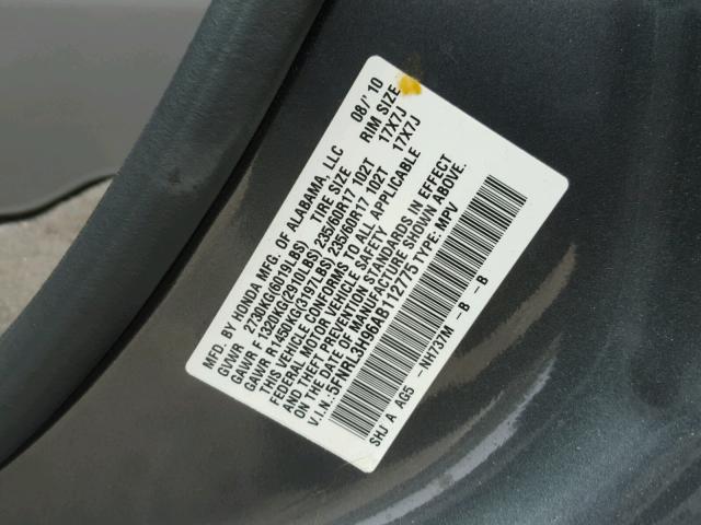 5FNRL3H96AB112775 - 2010 HONDA ODYSSEY TO GRAY photo 10