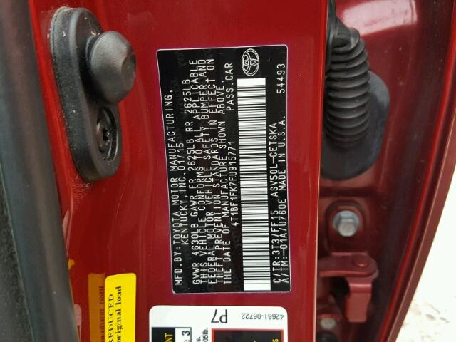 4T1BF1FK7FU915771 - 2015 TOYOTA CAMRY LE 栗色 照片 10