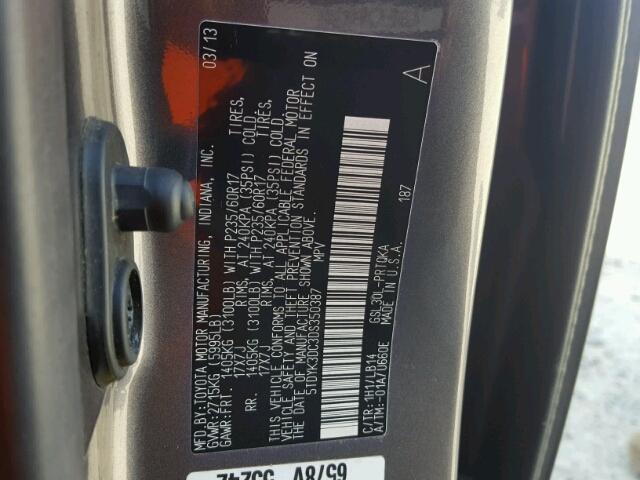 5TDYK3DC3DS350387 - 2013 TOYOTA SIENNA XLE GRAY photo 10