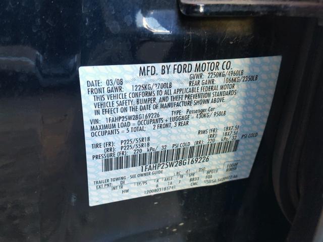 1FAHP25W28G169226 - 2008 FORD TAURUS LIM BLACK photo 10