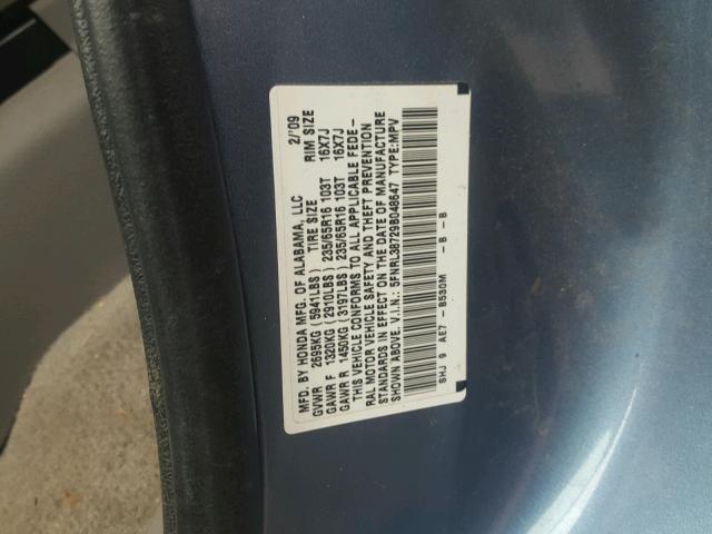 5FNRL38729B048647 - 2009 HONDA ODYSSEY EX BLUE photo 10