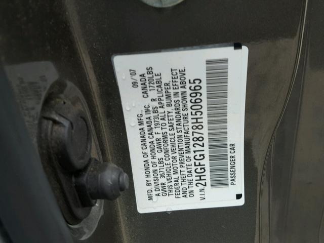 2HGFG12878H506965 - 2008 HONDA CIVIC EX GRAY photo 10