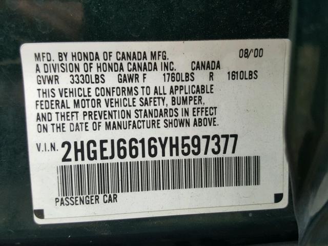 2HGEJ6616YH597377 - 2000 HONDA CIVIC BASE Yaşıl foto 10