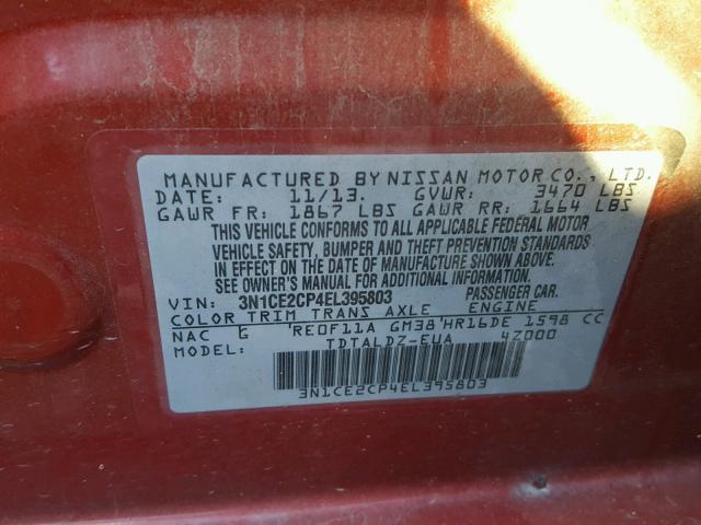 3N1CE2CP4EL395803 - 2014 NISSAN VERSA NOTE RED photo 10