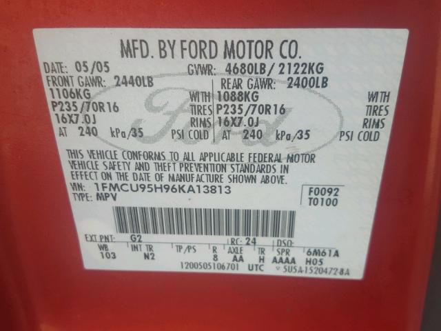 1FMCU95H96KA13813 - 2006 FORD ESCAPE HEV RED photo 10