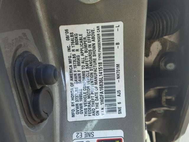 1HGFA16836L141518 - 2006 HONDA CIVIC EX GOLD photo 10