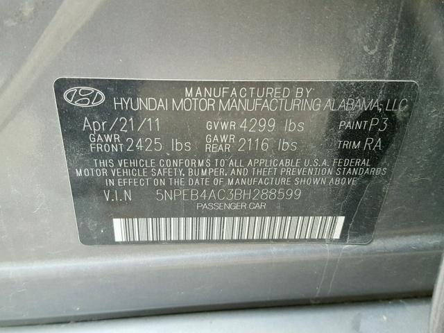 5NPEB4AC3BH288599 - 2011 HYUNDAI SONATA GLS CHARCOAL photo 10