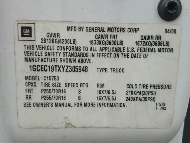 1GCEC19TXYZ305948 - 2000 CHEVROLET SILVERADO WHITE photo 10