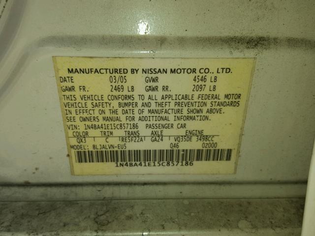 1N4BA41E15C857186 - 2005 NISSAN MAXIMA SE WHITE photo 10