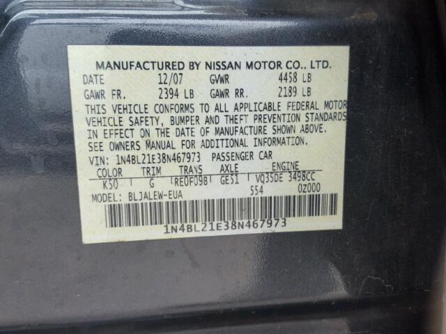 1N4BL21E38N467973 - 2008 NISSAN ALTIMA 3.5 CHARCOAL photo 10