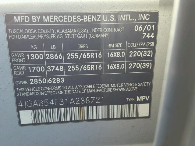 4JGAB54E31A288721 - 2001 MERCEDES-BENZ ML 320 SILVER photo 10