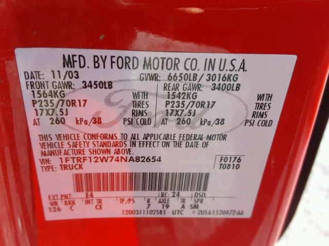 1FTRF12W74NA82654 - 2004 FORD F150 RED photo 10