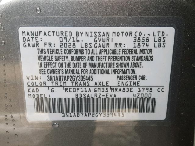 3N1AB7AP2GY339445 - 2016 NISSAN SENTRA S SILVER photo 10