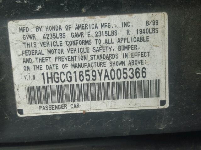 1HGCG1659YA005366 - 2000 HONDA ACCORD EX GREEN photo 10