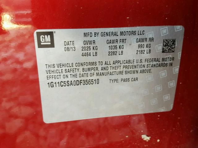 1G11C5SA0DF356510 - 2013 CHEVROLET MALIBU 1LT 红色 照片 10