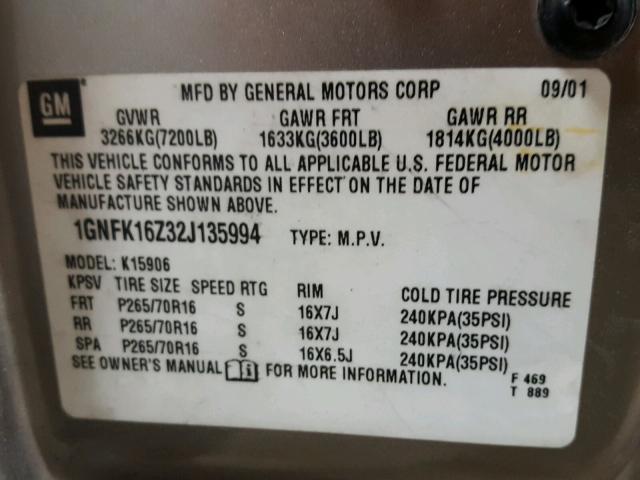 1GNFK16Z32J135994 - 2002 CHEVROLET SUBURBAN K TAN photo 10