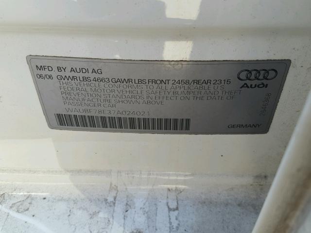 WAUBF78E37A024021 - 2007 AUDI A4 S-LINE WHITE photo 10