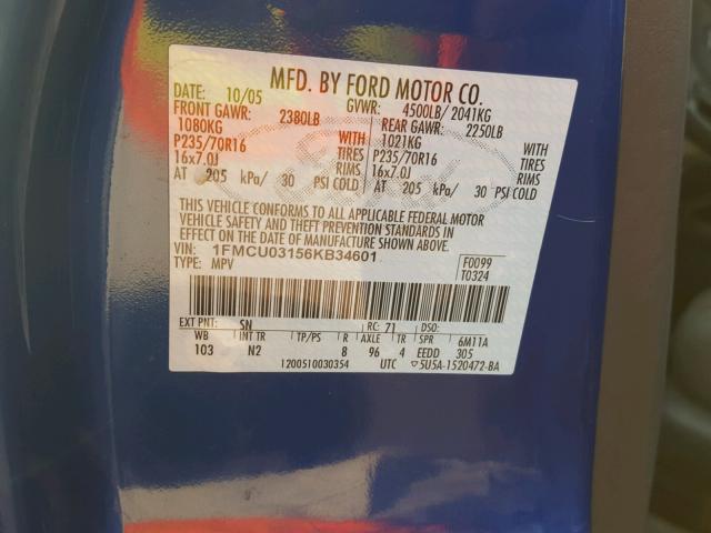 1FMCU03156KB34601 - 2006 FORD ESCAPE XLT BLUE photo 10