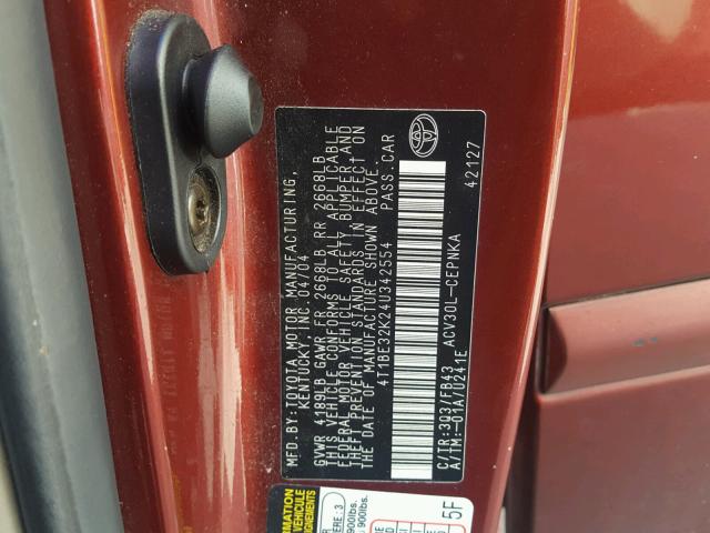 4T1BE32K24U342554 - 2004 TOYOTA CAMRY LE RED photo 10