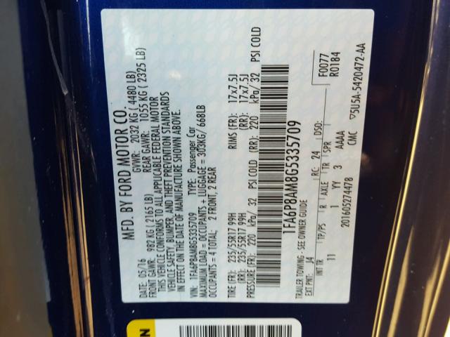 1FA6P8AM8G5335709 - 2016 FORD MUSTANG BLUE photo 10