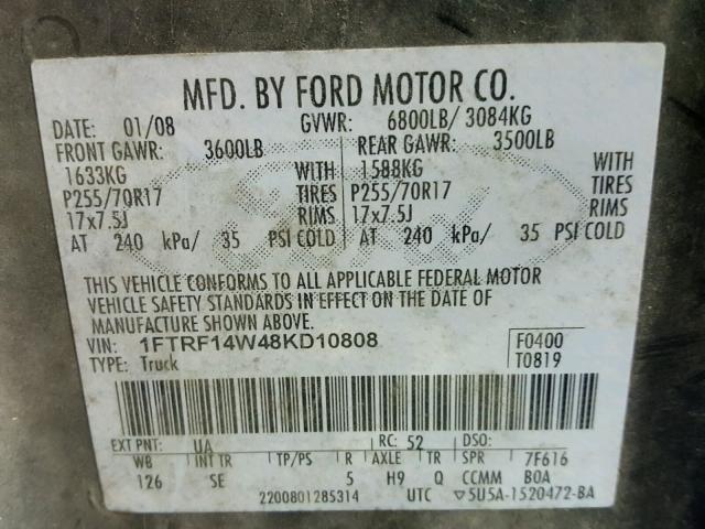 1FTRF14W48KD10808 - 2008 FORD F150 BLACK photo 10