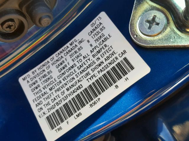 2HGFB2F53FH540483 - 2015 HONDA CIVIC LX BLUE photo 10