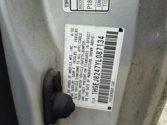 1HGEJ8247YL087134 - 2000 HONDA CIVIC EX SILVER photo 10