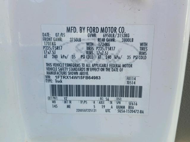 1FTRX14W15FB64983 - 2005 FORD F150 WHITE photo 10