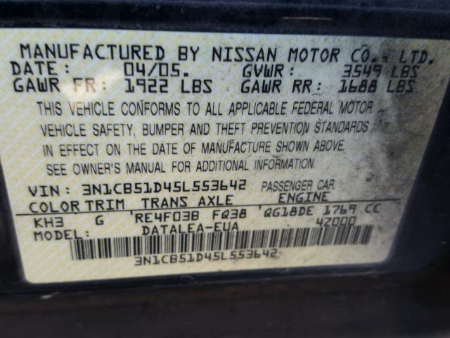 3N1CB51D45L553642 - 2005 NISSAN SENTRA 1.8 BLACK photo 10