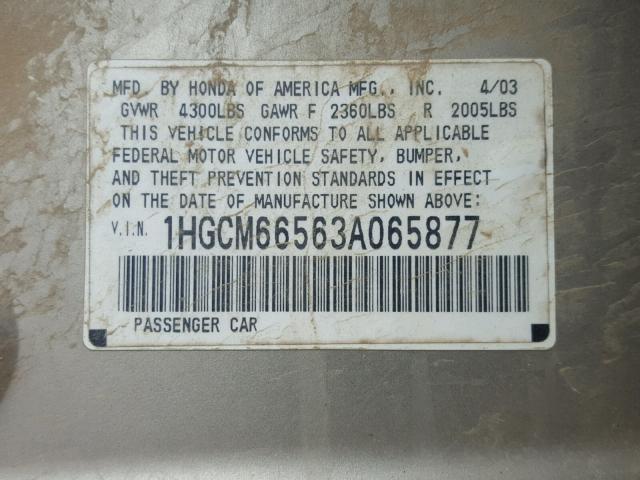 1HGCM66563A065877 - 2003 HONDA ACCORD EX GOLD photo 10