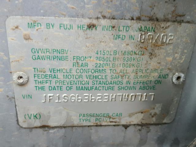 JF1SG63623H740717 - 2003 SUBARU FORESTER 2 SILVER photo 10