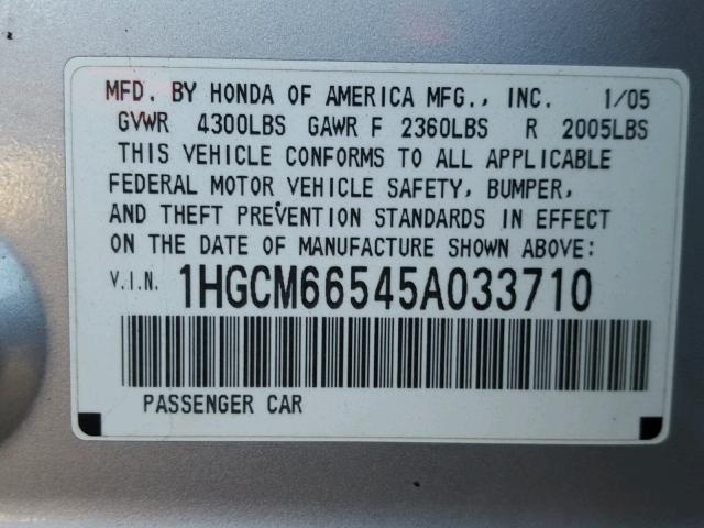 1HGCM66545A033710 - 2005 HONDA ACCORD EX 银色 照片 10