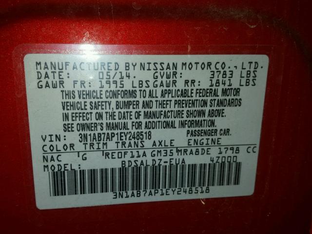 3N1AB7AP1EY248518 - 2014 NISSAN SENTRA S RED photo 10