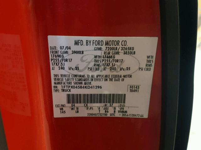 1FTPX04584KD41396 - 2004 FORD F150 RED photo 10