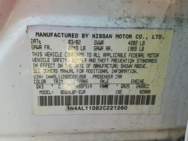 1N4AL11D82C221260 - 2002 NISSAN ALTIMA BAS WHITE photo 10