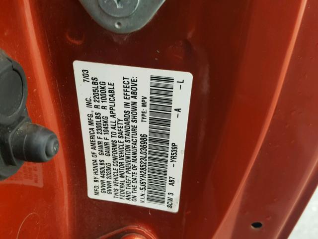 5J6YH28523L036986 - 2003 HONDA ELEMENT EX ORANGE photo 10