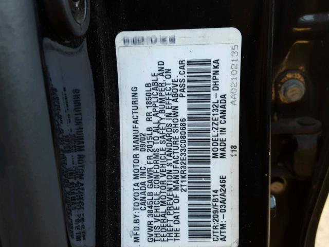 2T1KR32E33C080686 - 2003 TOYOTA COROLLA MA BLACK photo 10