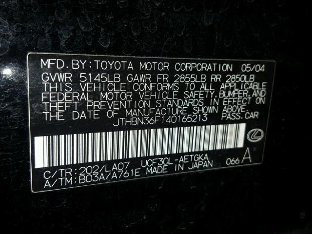 JTHBN36F140165213 - 2004 LEXUS LS 430 BLACK photo 10