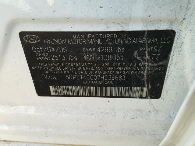 5NPET46C07H236683 - 2007 HYUNDAI SONATA GLS WHITE photo 10