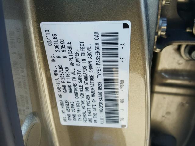 1HGCP3F84AA018523 - 2010 HONDA ACCORD EXL GOLD photo 10