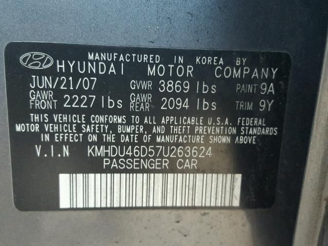 KMHDU46D57U263624 - 2007 HYUNDAI ELANTRA GL GRAY photo 10