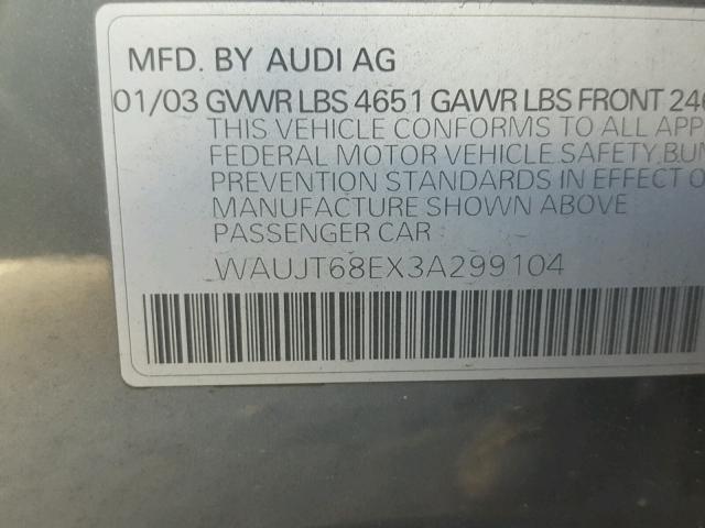 WAUJT68EX3A299104 - 2003 AUDI A4 3.0 BLUE photo 10