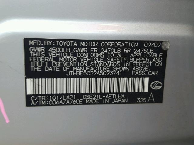 JTHBE5C22A5023741 - 2010 LEXUS IS 350 SILVER photo 10