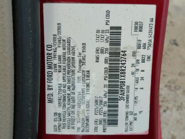 3FAHP081X8R243764 - 2008 FORD FUSION SEL RED photo 10