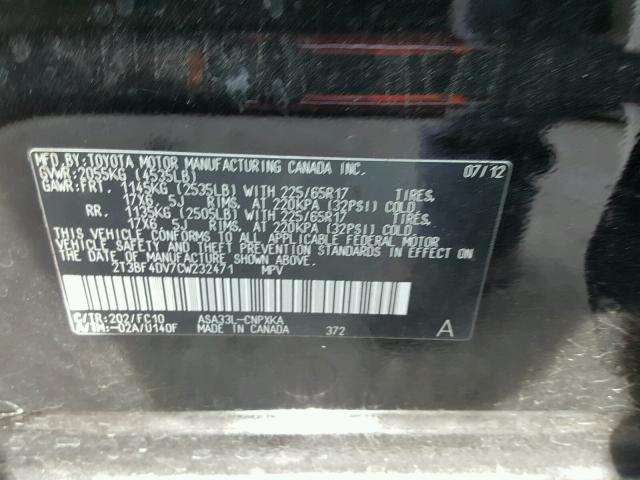 2T3BF4DV7CW232471 - 2012 TOYOTA RAV4 BLACK photo 10