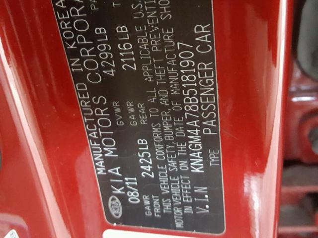 KNAGM4A78B5181907 - 2011 KIA OPTIMA LX RED photo 10