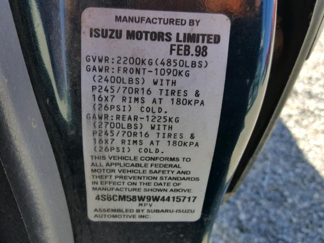 4S6CM58W9W4415717 - 1998 HONDA PASSPORT E GREEN photo 10