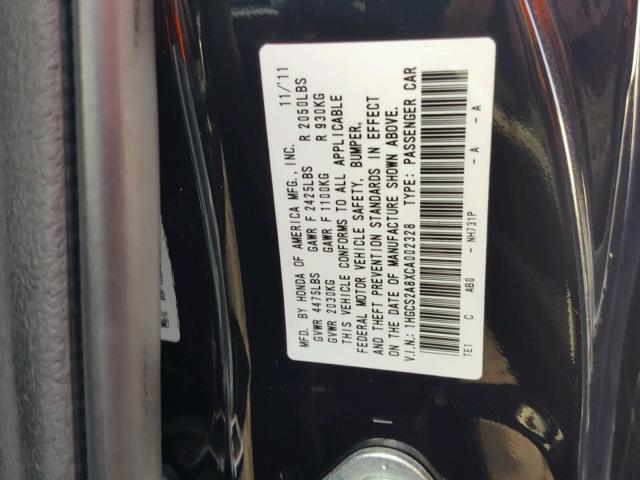 1HGCS2A8XCA002328 - 2012 HONDA ACCORD EXL BLACK photo 10